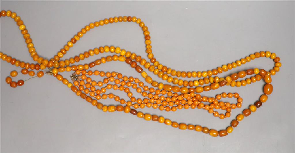 Two single strand amber bead necklaces, 106cm and 88cm, gross 95 grams and a reconstituted amber? necklace.